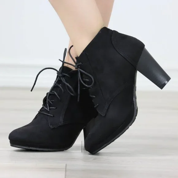 Womens Ankle Boots Lace Up Block Heel Booties Black Faux Suede - Picture 8 of 12